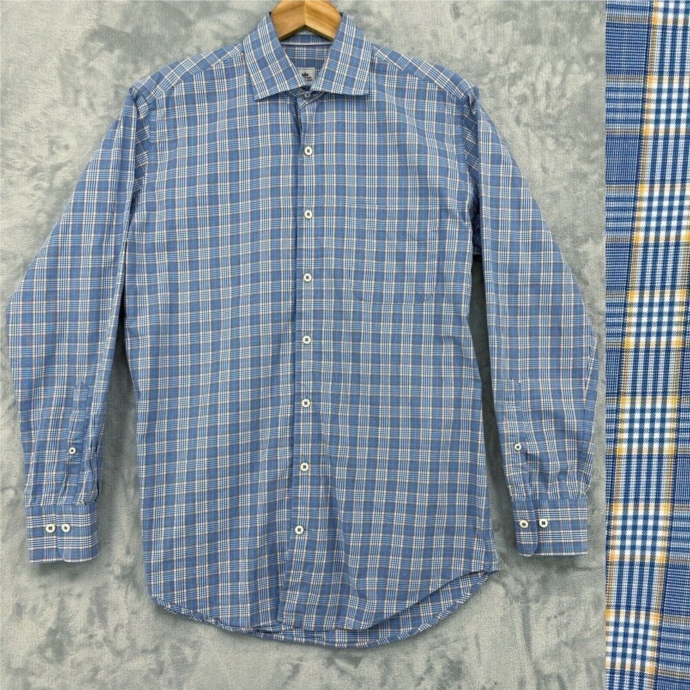 Peter Millar Men's M Blue Yellow Plaid Long Sleeve Button Front Cotton Shirt